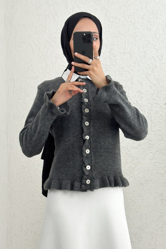 Fırfır Detaylı Triko Hırka 43478 - ANTRASİT