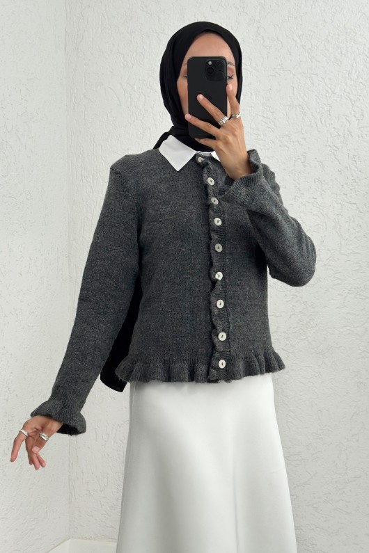 Fırfır Detaylı Triko Hırka 43478 - ANTRASİT