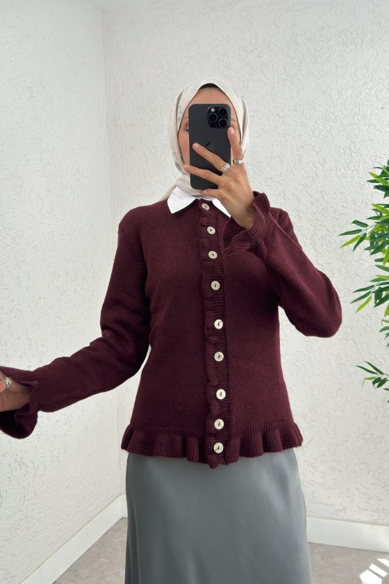 Fırfır Detaylı Triko Hırka 43478 - BORDO