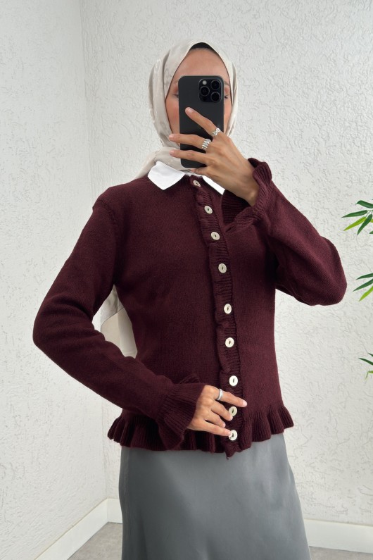 Fırfır Detaylı Triko Hırka 43478 - BORDO