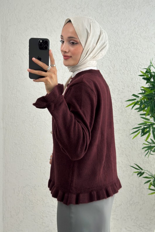 Fırfır Detaylı Triko Hırka 43478 - BORDO