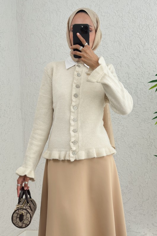 Fırfır Detaylı Triko Hırka 43478 - EKRU