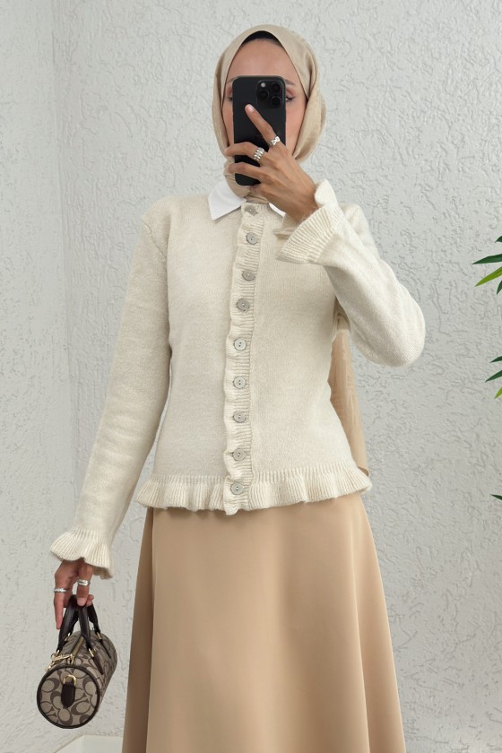 Fırfır Detaylı Triko Hırka 43478 - EKRU