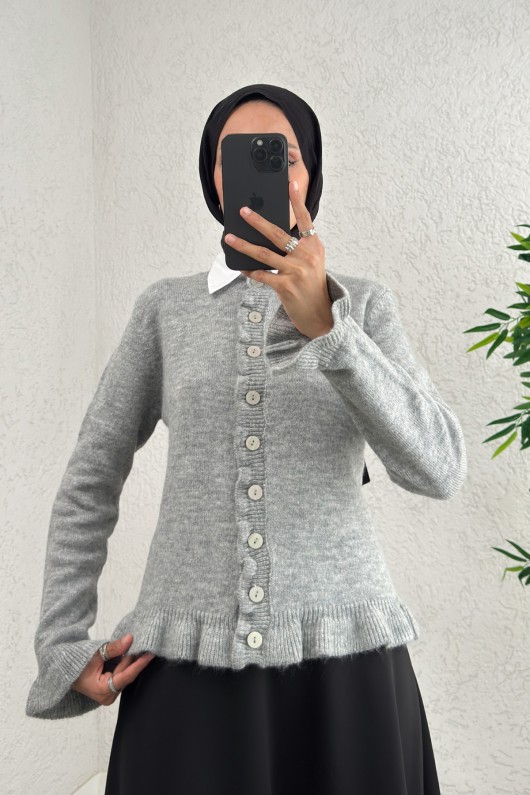 Fırfır Detaylı Triko Hırka 43478 - GRİ