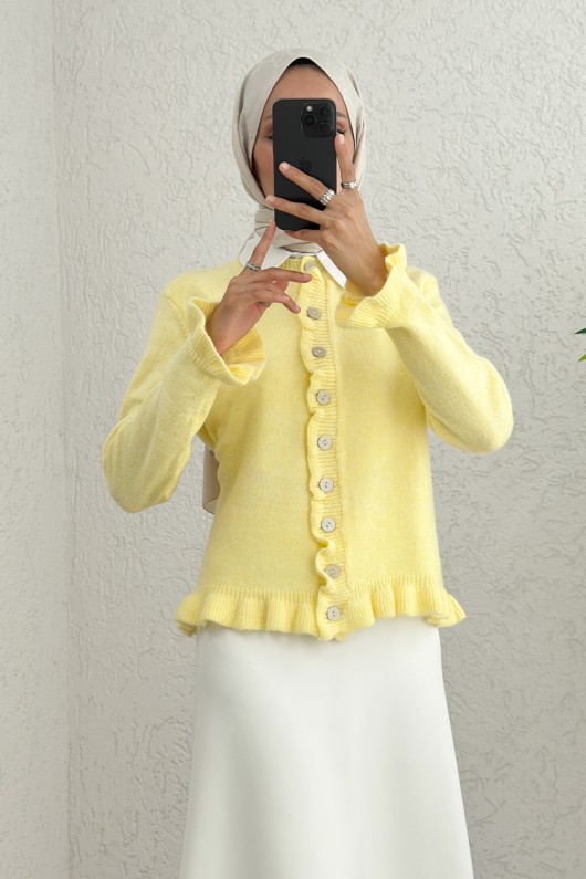 Fırfır Detaylı Triko Hırka 43478 - SARI