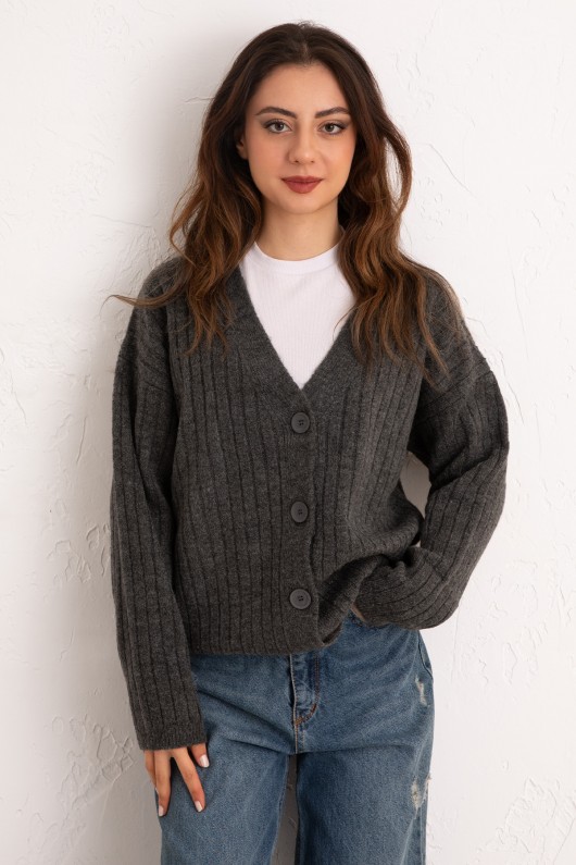 V Yaka Triko Hırka 44119 - ANTRASİT