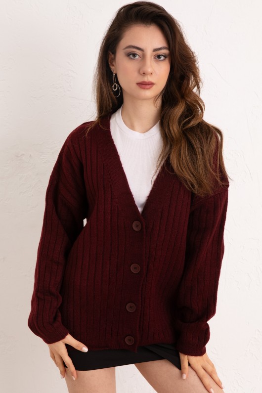 V Yaka Triko Hırka 44119 - BORDO