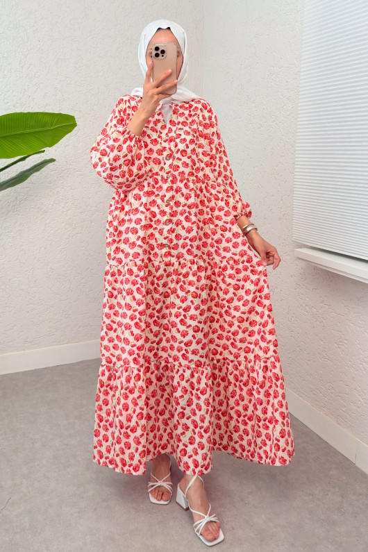 Kiraz Desenli Tesettür Elbise 44128 - BEJ Kiraz Desenli Tesettür Elbise 44128 - BEJ