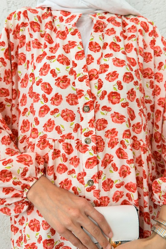 Kiraz Desenli Tesettür Elbise 44128 - BEJ Kiraz Desenli Tesettür Elbise 44128 - BEJ