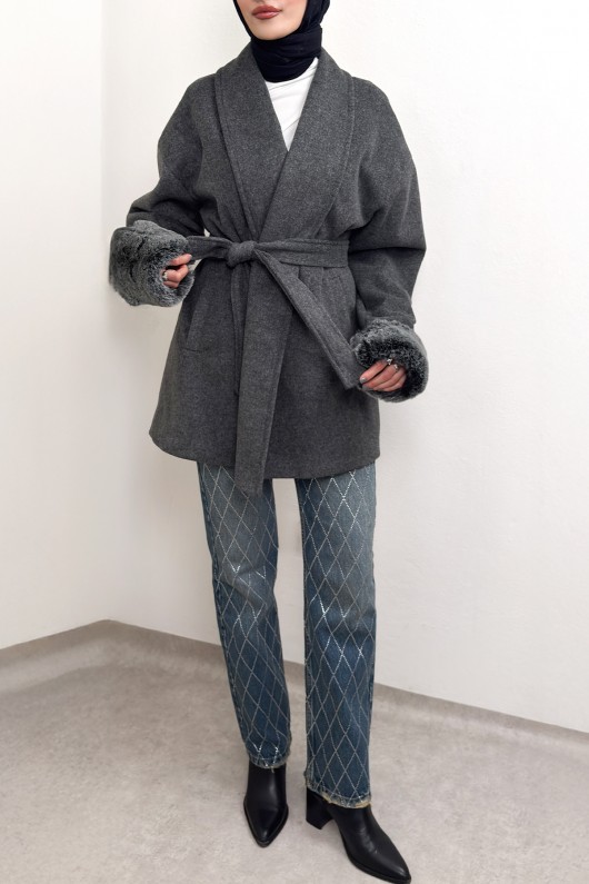 Kürk Manşet Detaylı Kaşe Kaban 4460 - ANTRASİT Kürk Manşet Detaylı Kaşe Kaban 4460 - ANTRASİT