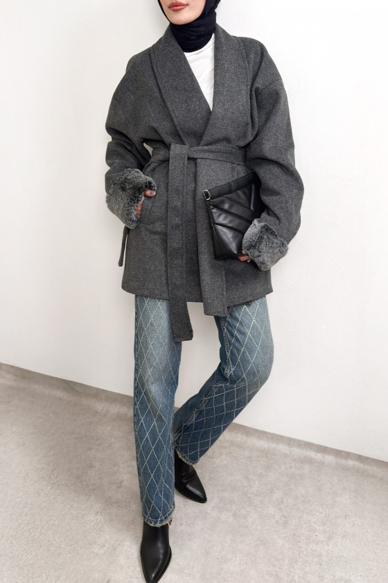 Kürk Manşet Detaylı Kaşe Kaban 4460 - ANTRASİT