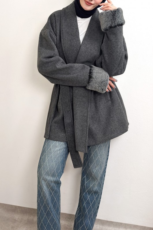 Kürk Manşet Detaylı Kaşe Kaban 4460 - ANTRASİT Kürk Manşet Detaylı Kaşe Kaban 4460 - ANTRASİT