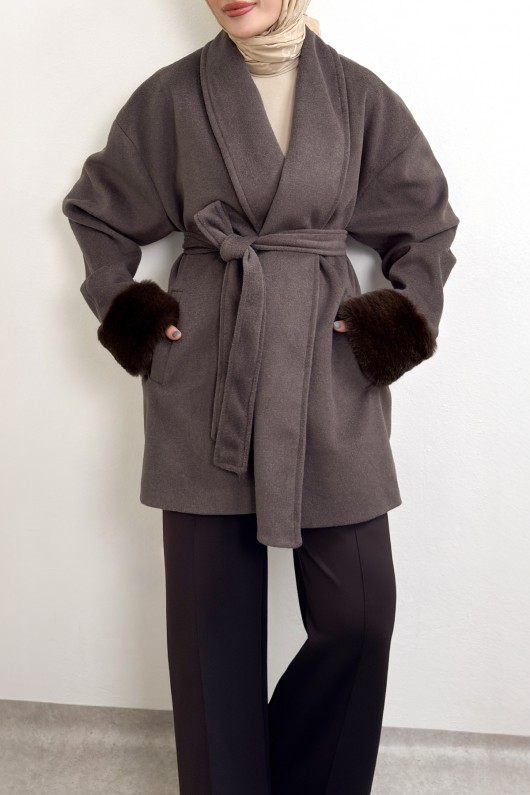 Kürk Manşet Detaylı Kaşe Kaban 4460 - KAHVERENGİ