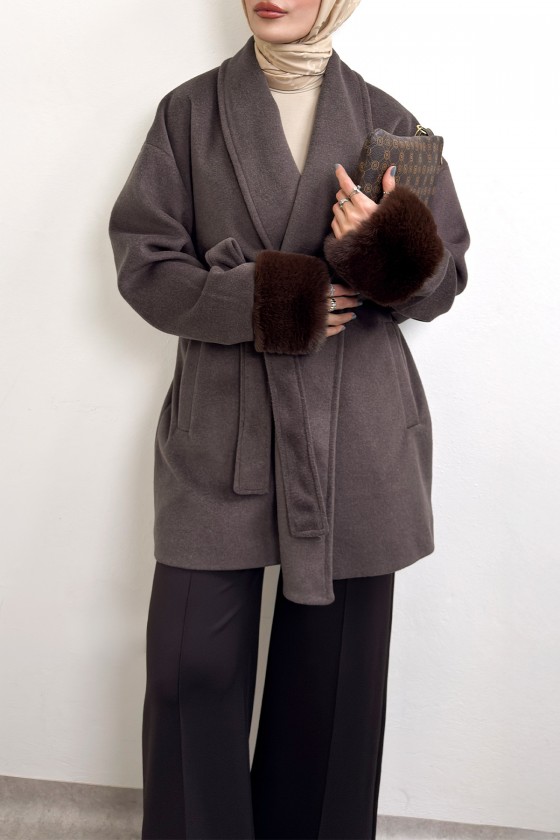 Kürk Manşet Detaylı Kaşe Kaban 4460 - KAHVERENGİ