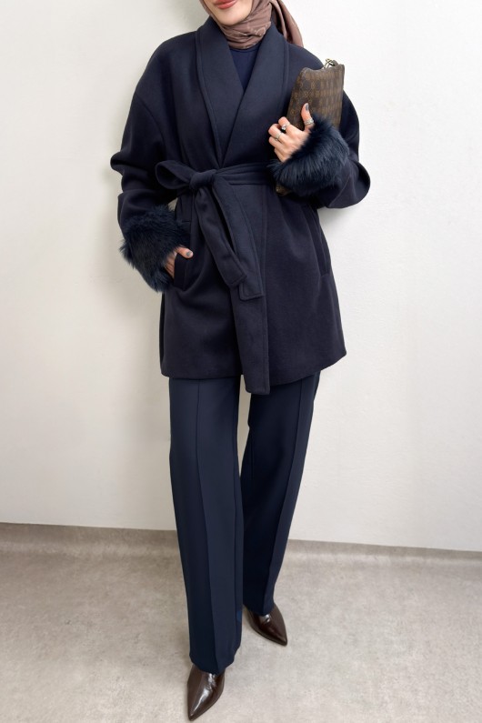 Kürk Manşet Detaylı Kaşe Kaban 4460 - LACİVERT