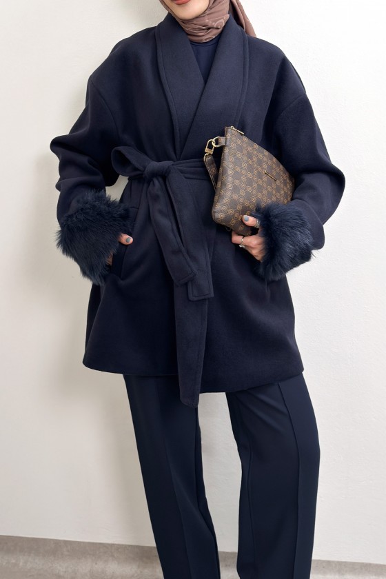 Kürk Manşet Detaylı Kaşe Kaban 4460 - LACİVERT