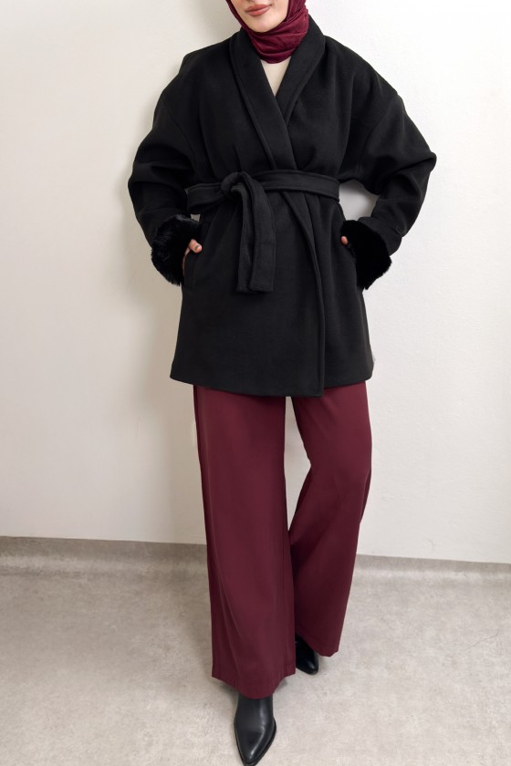 Kürk Manşet Detaylı Kaşe Kaban 4460 - SİYAH