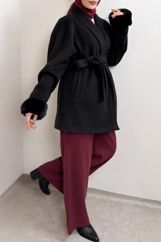 Kürk Manşet Detaylı Kaşe Kaban 4460 - SİYAH Kürk Manşet Detaylı Kaşe Kaban 4460 - SİYAH