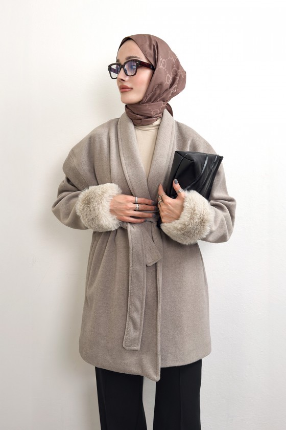 Kürk Manşet Detaylı Kaşe Kaban 4460 - TAŞ RENGİ