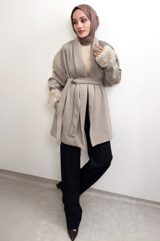 Kürk Manşet Detaylı Kaşe Kaban 4460 - TAŞ RENGİ