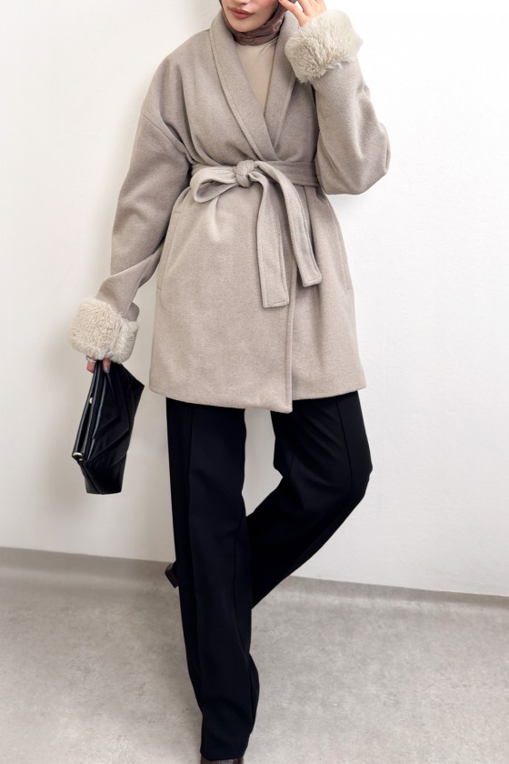 Kürk Manşet Detaylı Kaşe Kaban 4460 - TAŞ RENGİ