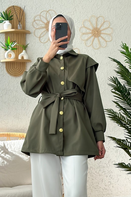 4469 Kuşaklı Kısa Trençkot - HAKİ