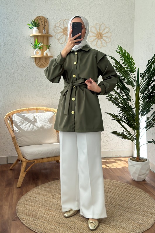 4469 Kuşaklı Kısa Trençkot - HAKİ