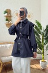 4469 Kuşaklı Kısa Trençkot - LACİVERT