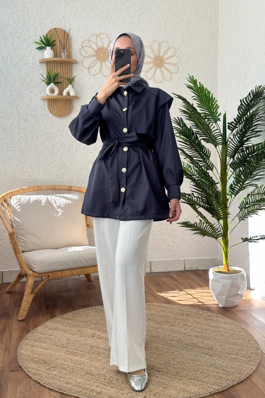 4469 Kuşaklı Kısa Trençkot - LACİVERT