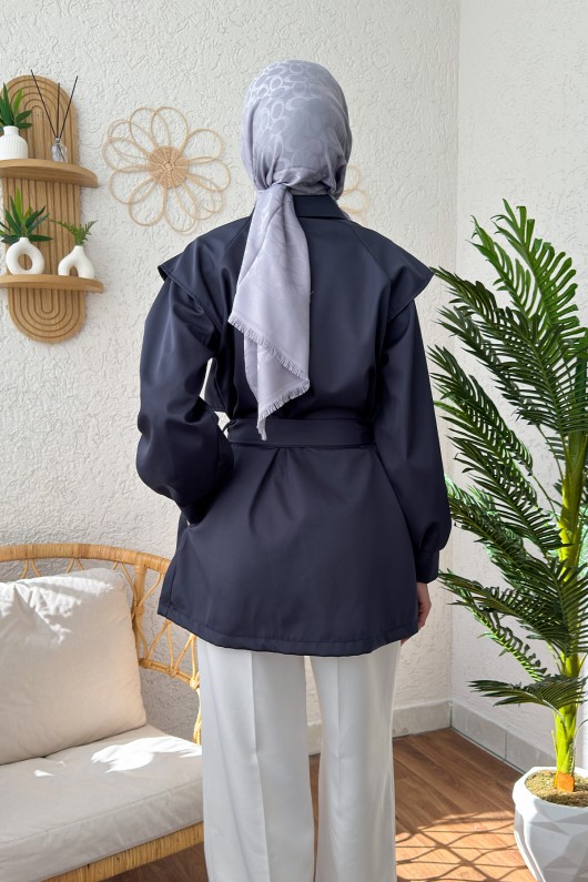 4469 Kuşaklı Kısa Trençkot - LACİVERT