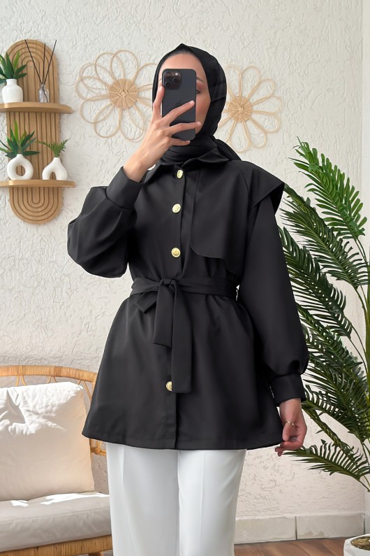 4469 Kuşaklı Kısa Trençkot - SİYAH