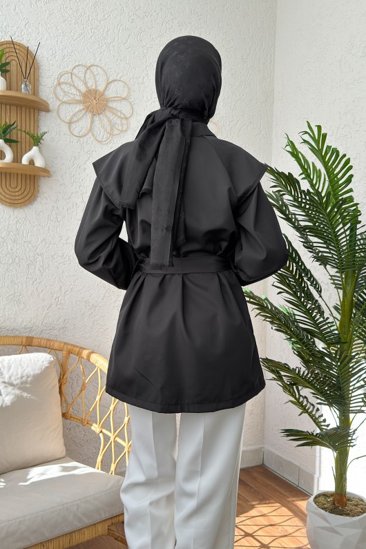 4469 Kuşaklı Kısa Trençkot - SİYAH