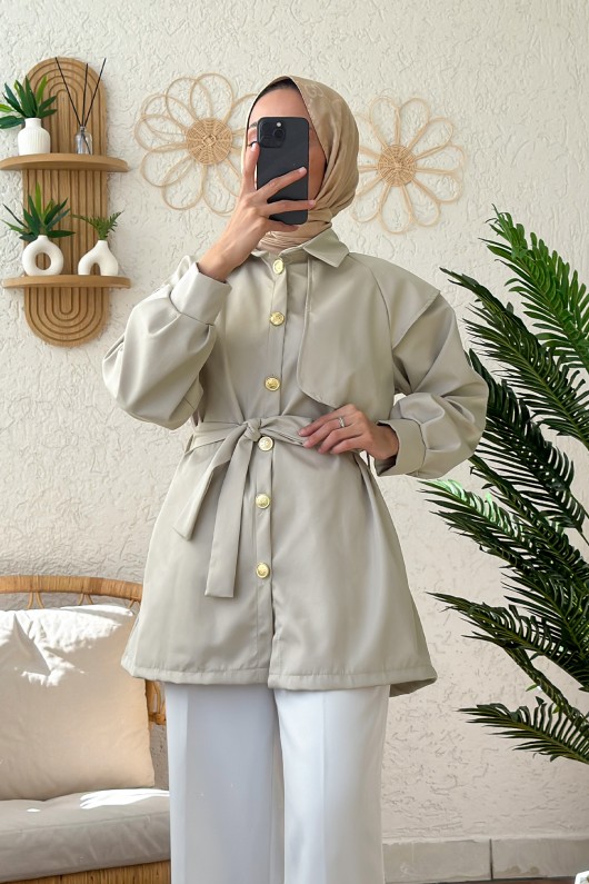 4469 Kuşaklı Kısa Trençkot - TAŞ RENGİ