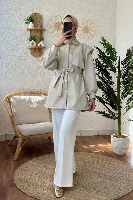 4469 Kuşaklı Kısa Trençkot - TAŞ RENGİ