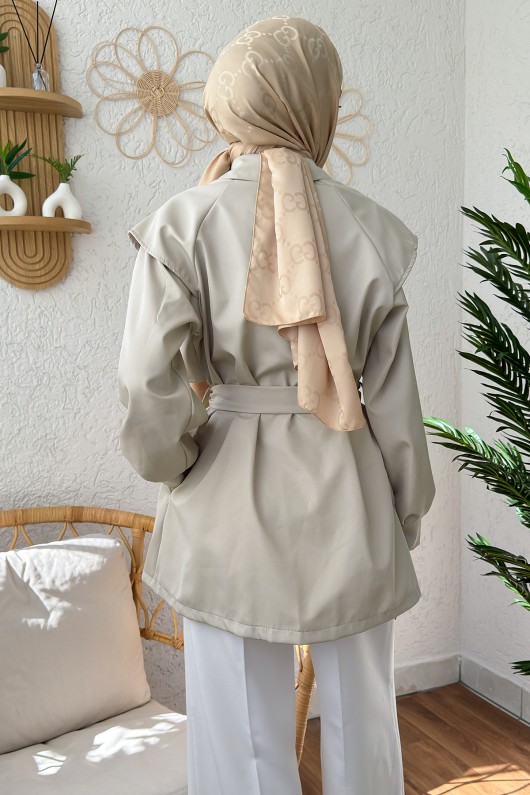 4469 Kuşaklı Kısa Trençkot - TAŞ RENGİ