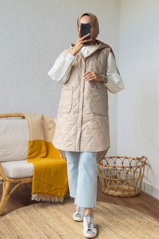 5000-1 Düğme Detaylı Kapitone Yelek - BEJ