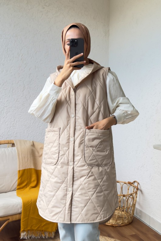 5000-1 Düğme Detaylı Kapitone Yelek - BEJ