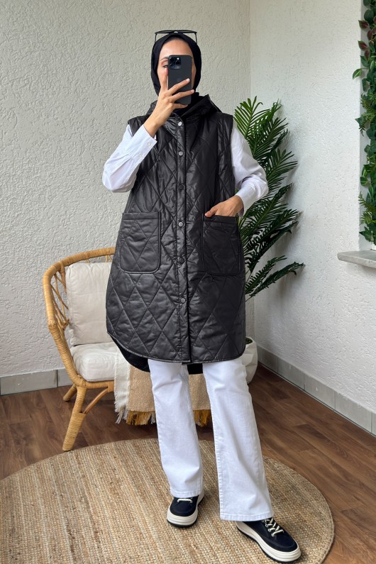 5000-1 Düğme Detaylı Kapitone Yelek - SİYAH