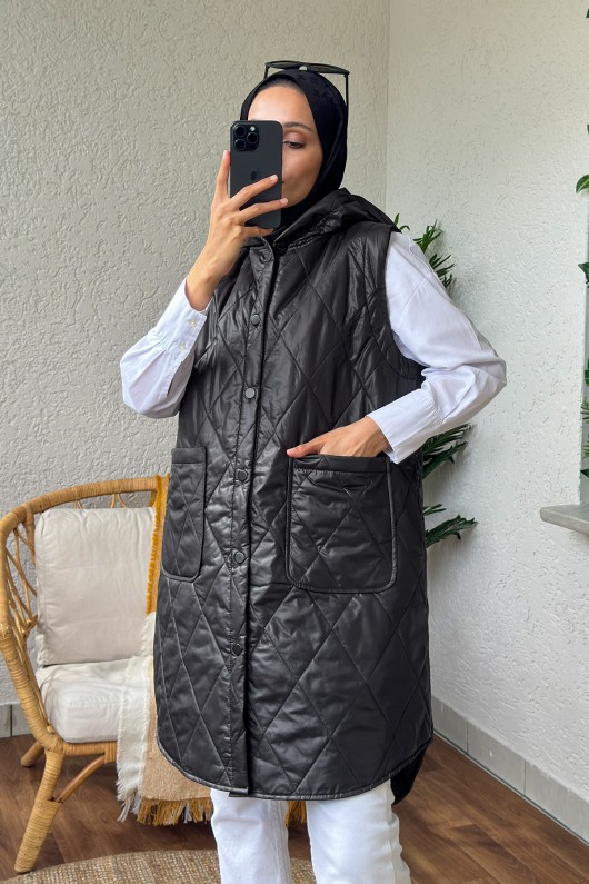 5000-1 Düğme Detaylı Kapitone Yelek - SİYAH