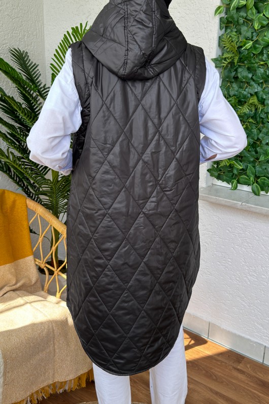 5000-1 Düğme Detaylı Kapitone Yelek - SİYAH