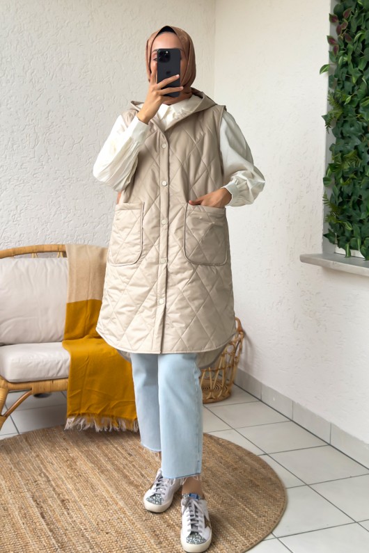 5000-1 Düğme Detaylı Kapitone Yelek - TAŞ RENGİ