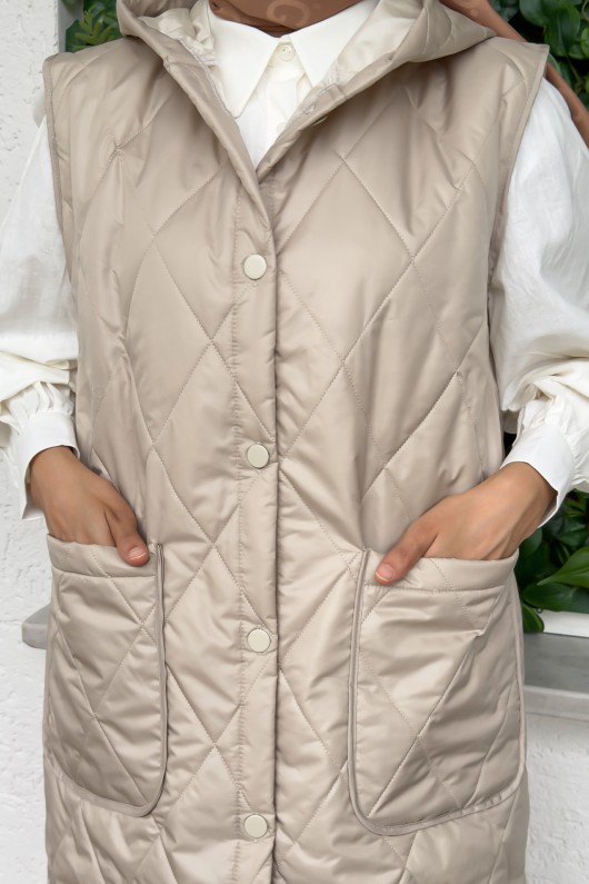 5000-1 Düğme Detaylı Kapitone Yelek - TAŞ RENGİ