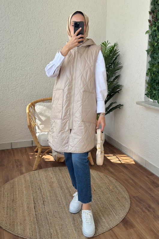 5000 Önü Fermuarlı Kapüşonlu Yelek - BEJ