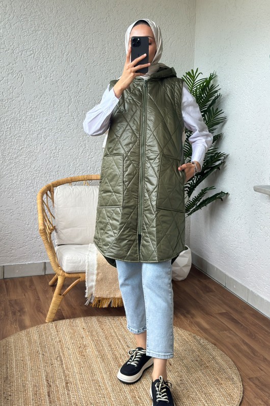 5000 Önü Fermuarlı Kapüşonlu Yelek - HAKİ