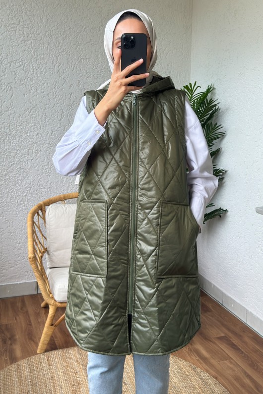 5000 Önü Fermuarlı Kapüşonlu Yelek - HAKİ