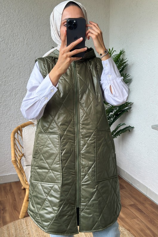 5000 Önü Fermuarlı Kapüşonlu Yelek - HAKİ