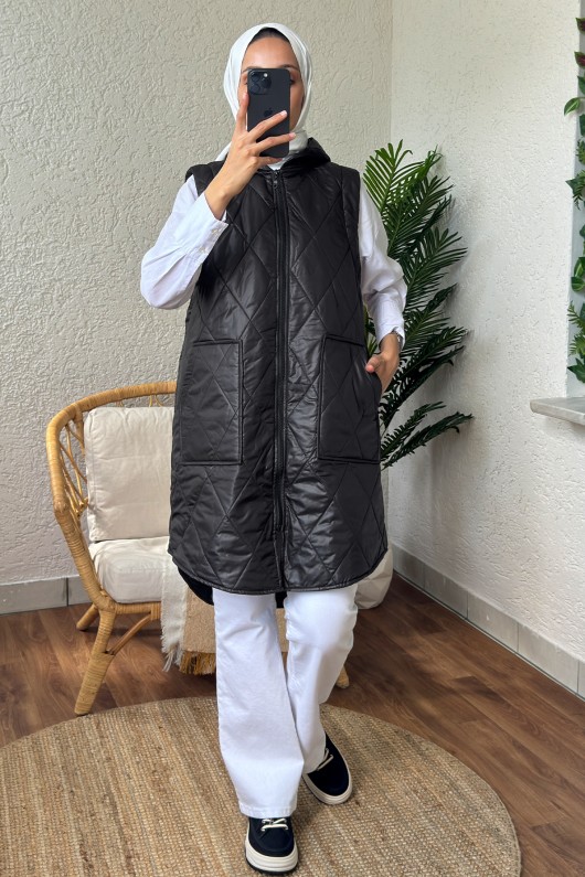 5000 Önü Fermuarlı Kapüşonlu Yelek - SİYAH