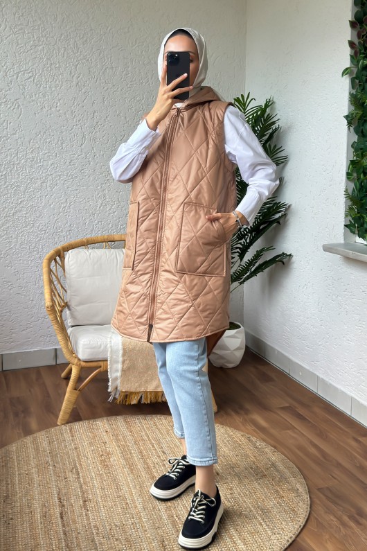 5000 Önü Fermuarlı Kapüşonlu Yelek - CAMEL