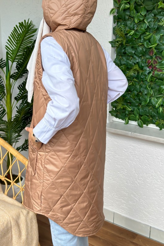 5000 Önü Fermuarlı Kapüşonlu Yelek - CAMEL