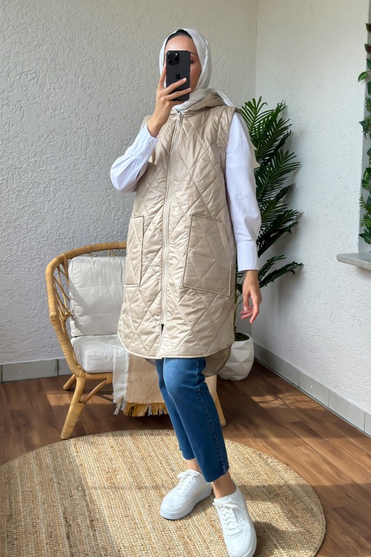 5000 Önü Fermuarlı Kapüşonlu Yelek - TAŞ RENGİ